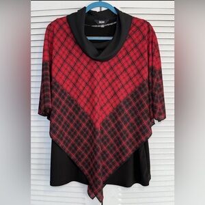 Slim Factor By Investments Size L Black Tank & Red Plaid Overlay Poncho Top